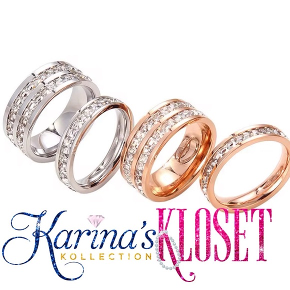 White Gold Double Stacked Princess Eternity Band Ring 💕 Stainless Steel 💕 - Picture 2 of 2